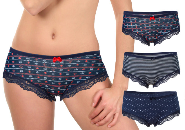 nice, fashionable ladies' panties with soft lace at the leg 3 blue pants with different designs: maritime, stripes, small hearts