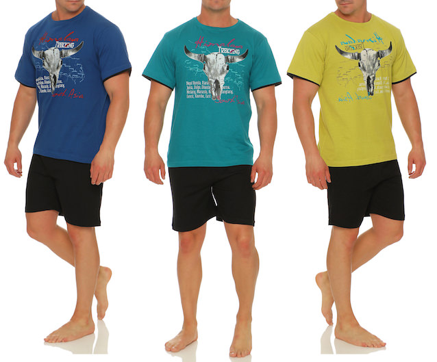 short men's pajamas; Round neck; Top with large front print; short unicoloured trousers; Colours: green, kiwi, blue