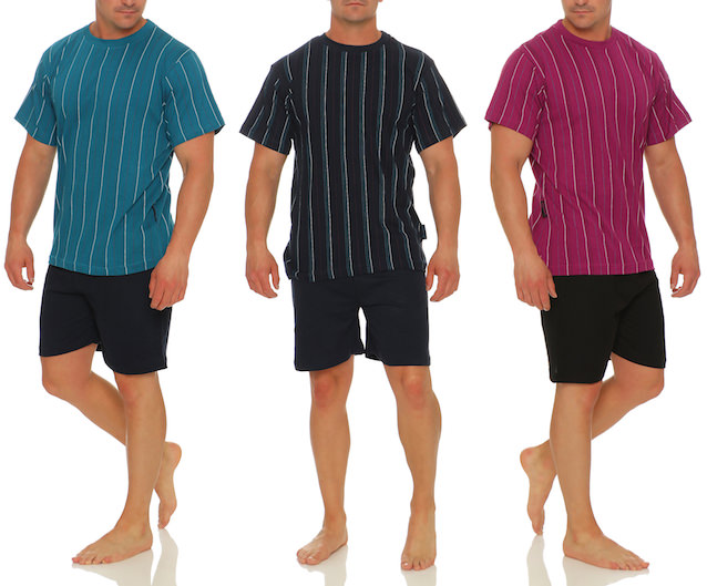 short men's pajamas; Round neck; muted colors with fine vertical stripes; short unicoloured trousers