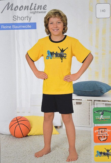 boys pyjama short sleeved with large frontal print, uni coloured trousers
