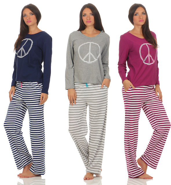 long sleeved pyjama with ringed trousers and peace symbol on the top
