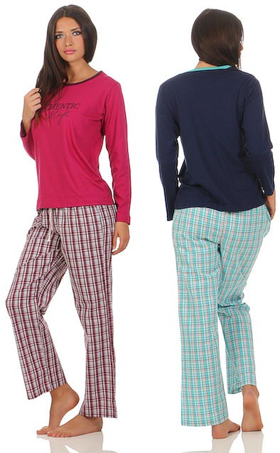 thick warm ladies pyjama with front-print and long plaid woven trousers