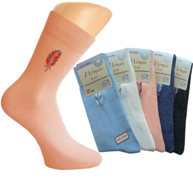 bright coloured ladies socks with feather motive on the shaft