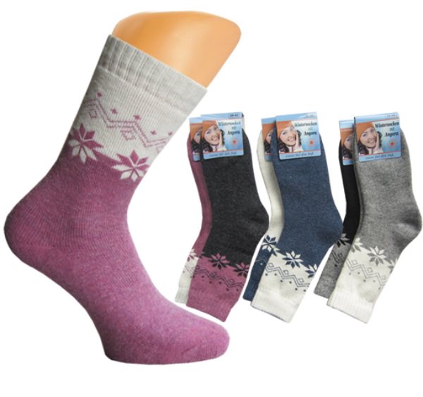 Ladies angora socks in nice colours with classical norwegian motives