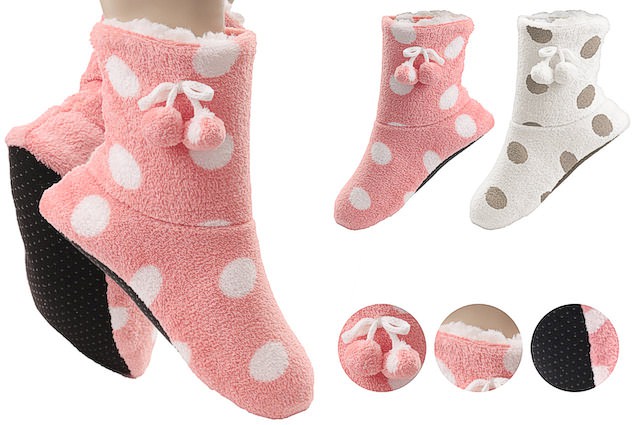 cuddly house socks with funny dots and bobbles; fluffy inside and ABS pimples on the sole