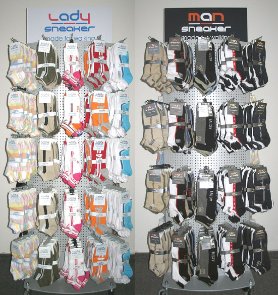 Socks-display for presentation made from metal With wheels and a brake