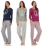 long sleeved pyjama with ringed trousers and peace symbol on the top